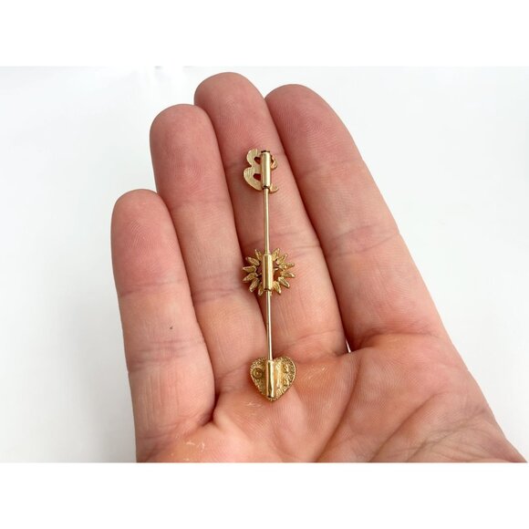 Letter "B" Monogrammed, Sunflower Shaped & Heart Shaped Vintage Gold T Stick Pin - Picture 7 of 10